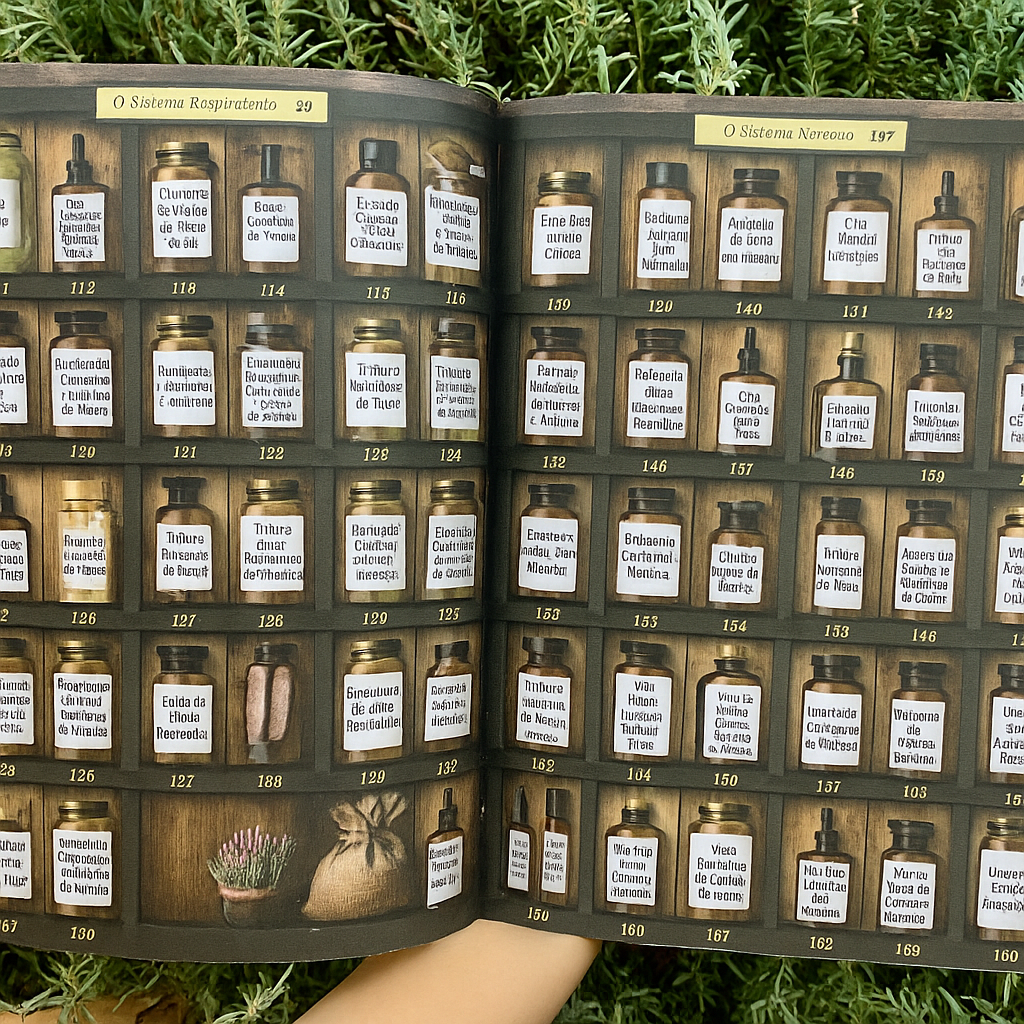 Livro aberto sobre plantas e frascos naturais