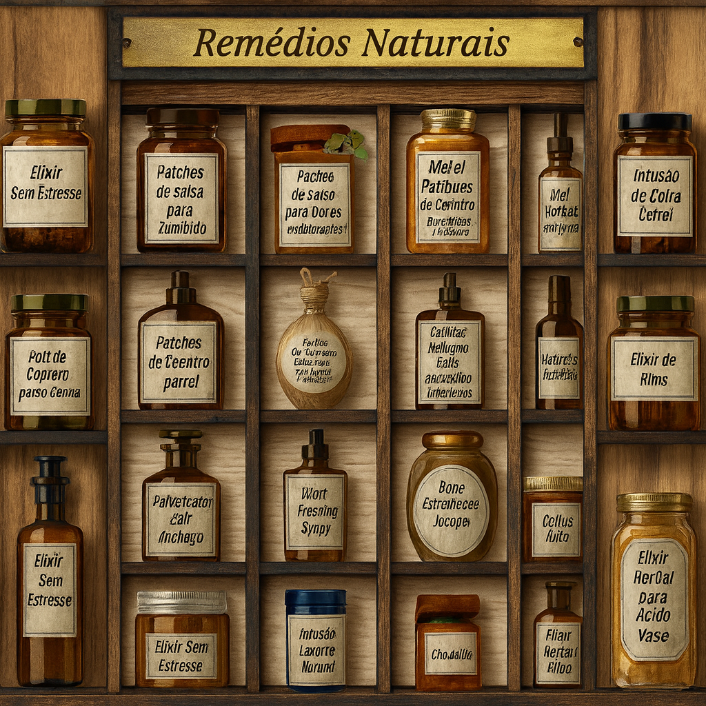 Prateleira com diversos frascos e remédios naturais