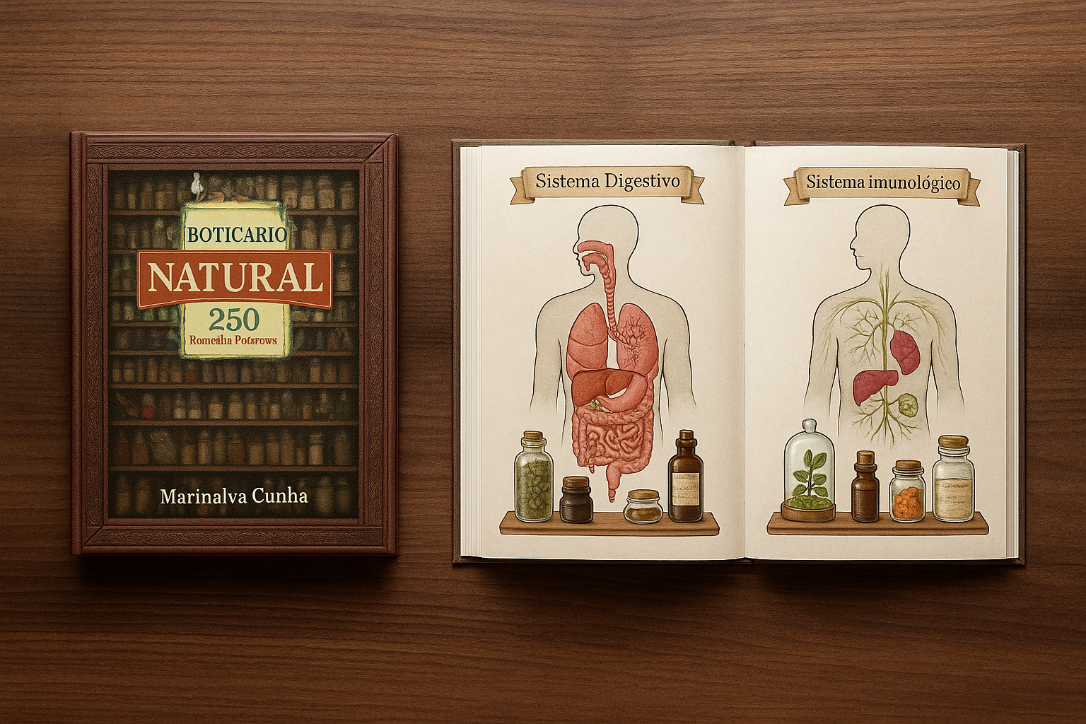 Livro de receitas naturais com ervas e frascos